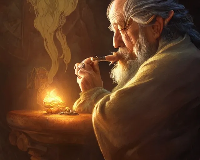 Prompt: old hobbit smoking a pipe, deep focus, d & d, fantasy, intricate, elegant, highly detailed, digital painting, artstation, concept art, matte, sharp focus, illustration, hearthstone, art by artgerm and greg rutkowski and alphonse mucha