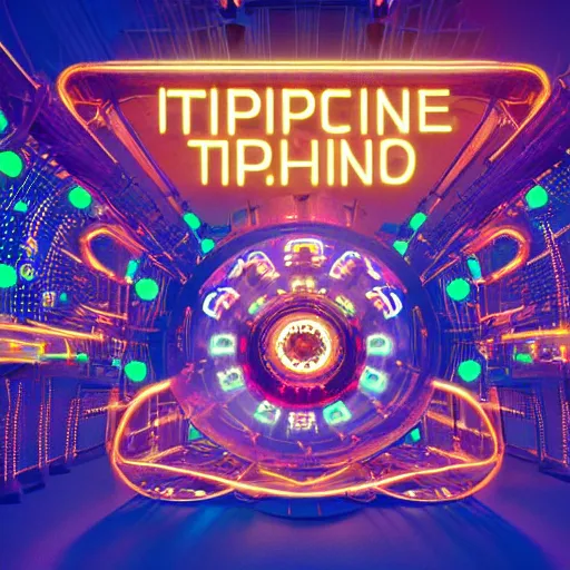 Image similar to album cover, album is called tripmachine,, a huge futuristic steampunk machine made of guitars and drums and pianos, connected with glowing tubes 8 k, fluorescent colors, halluzinogenic, multicolored, exaggerated detailed, front shot, 3 d render, octane