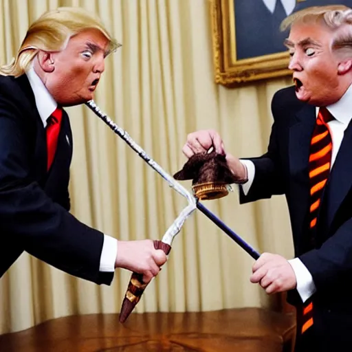 Image similar to harry potter using his magic wand to remove donald trump's suit, realistic photo.