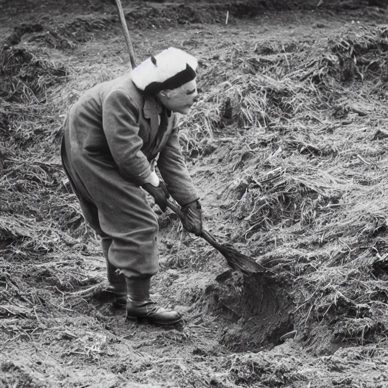 Prompt: badger from wind in the willows, in 1940s suit digging at the sutton hoo ship burial, rendered as a black & white photo