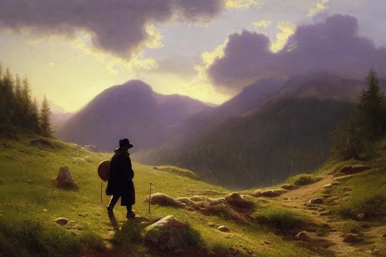 Image similar to a traveler wandering trough the mountains looking at the clouds, very detailed, oil painting, cinematic lighting, albert bierstadt, trending on artstation, colorful, canvas, sunset, hans dahl, theodor kittelsen, grey cloak, brimmed hat, old man