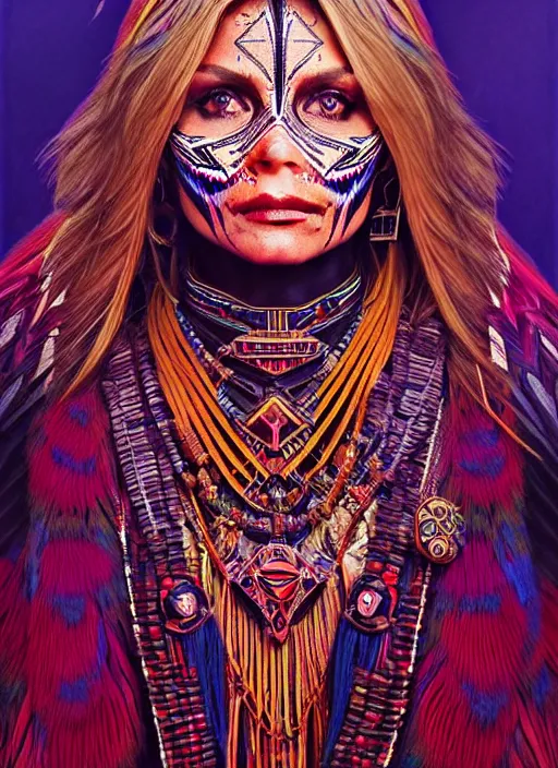 Image similar to portrait of michelle pfeiffer, hyper detailed ultra sharp aztec shaman warrior. trending on artstation, warpaint aesthetic, bloodwave, colorful, psychedelic, ornate, intricate, digital painting, concept art, smooth, sharp focus, illustration, art by artgerm and greg rutkowski and h. r. giger, 8 k