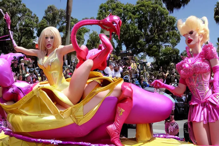 Image similar to Angelyne fights Scorpion from Mortal Kombat on a float at the Rose Parade, hyperdetailed, photorealistic,