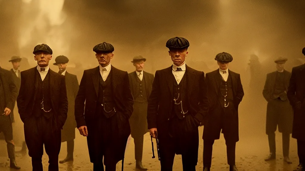 Prompt: the peaky blinders made of shrimps coming out of the ocean film still from the movie directed by denis villeneuve with art direction by zdzis