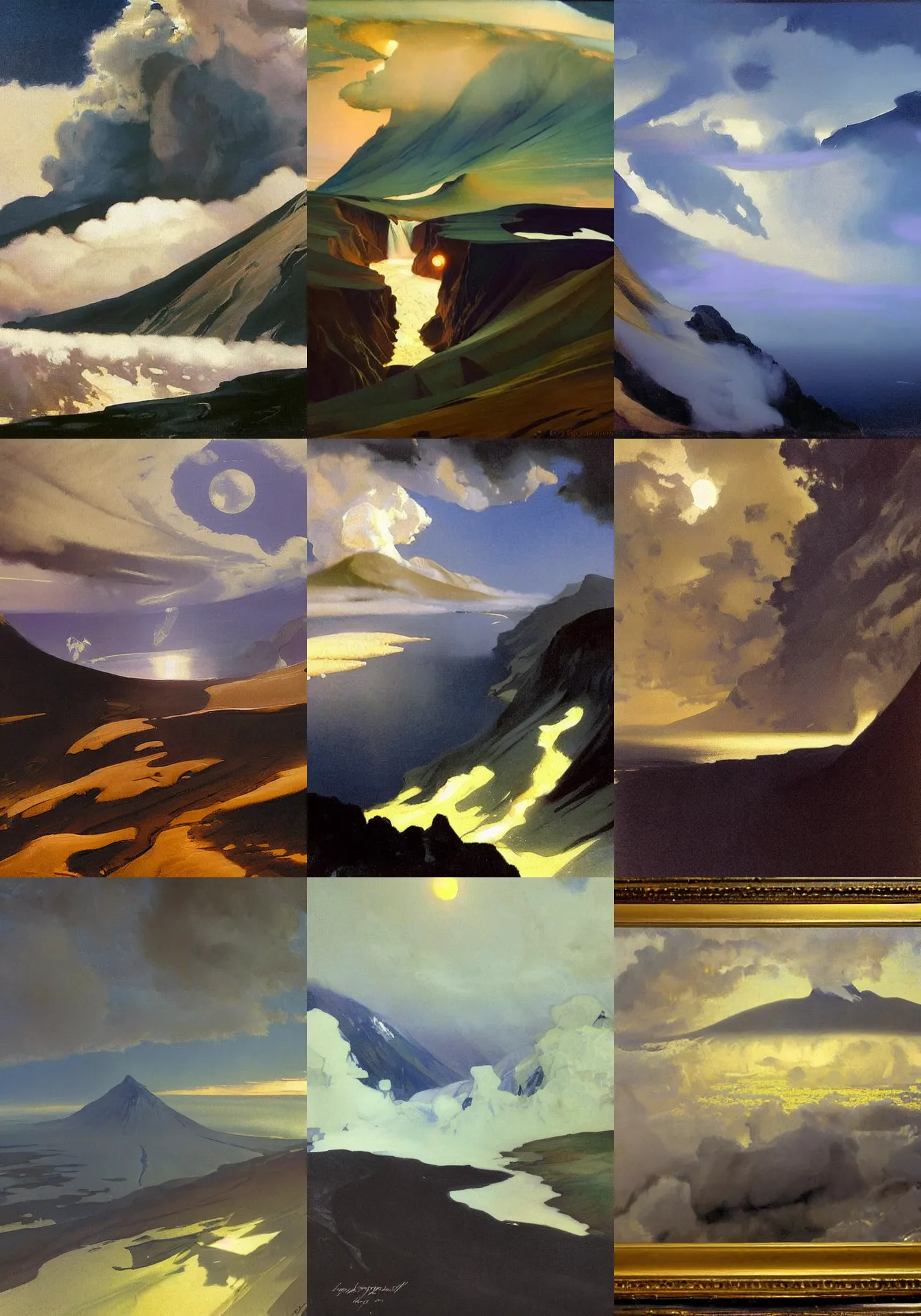 Prompt: painting by sargent and leyendecker and greg hildebrandt savrasov levitan kuindzhi aiwazovsky gorgeous fantasy landscape deep dark night and moonlight above the layered low clouds on madeira faroe azores iceland volcano eruption black coast icebergs and glacier alaska overcast storm wide angle view from above masterpiece