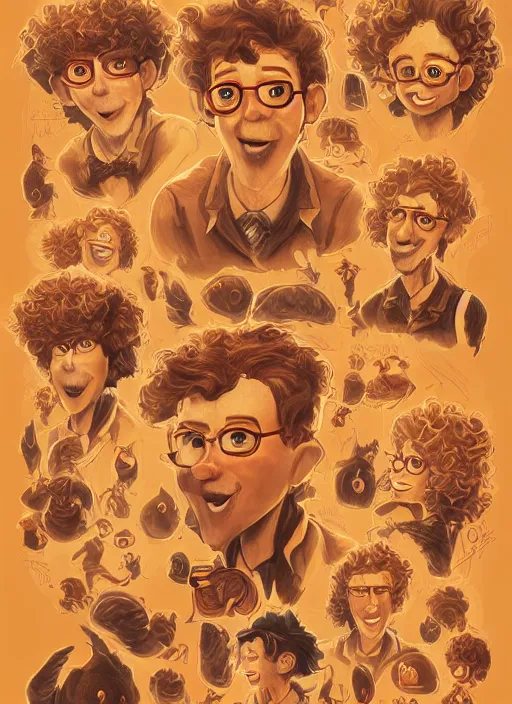 Image similar to illustration of curly orange hair men as a pixar film poster, smooth, intricate, octane, reflects, masterpiece artwork, ultra detailed, artgerm, digital art, trending on artstation, behance, deviantart