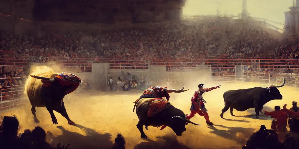 Image similar to a bullfighter fighting a bull in a bullring, mythology, extremely detailed digital painting, in the style of goya and ruan jia and jeremy lipking and peter mohrbacher, mystic colors, edge light, beautiful lighting, 4 k, scene dazzling, ray tracing, octane, trending on artstation