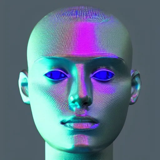 Image similar to 3d render of holographic human robotic head made of glossy iridescent, surrealistic 3d illustration of a human face non-binary, non binary model, 3d model human, cryengine, made of holographic texture, holographic material, holographic rainbow, concept of cyborg and artificial intelligence