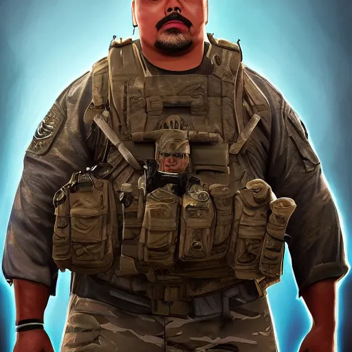 Image similar to Gabriel Iglesias as a navy SEAL, high resolution fantasy concept art, intricate details, realistic, soft lighting