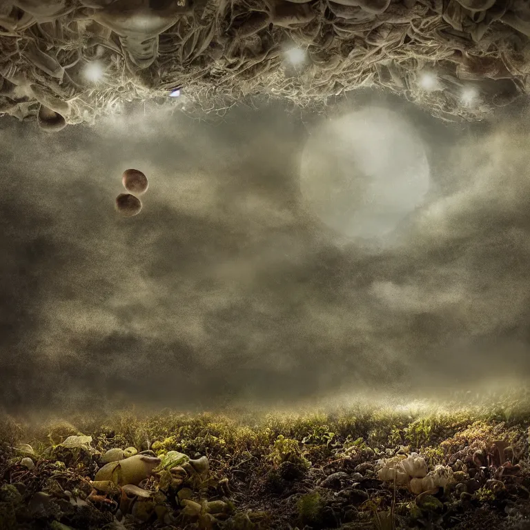 Image similar to a planet of various fungus, mushrooms and plants, inside the picture is infinity, Atmospheric phenomenon, artistic photography, muted colors, conceptual, long exposure outside the city, volumetric light