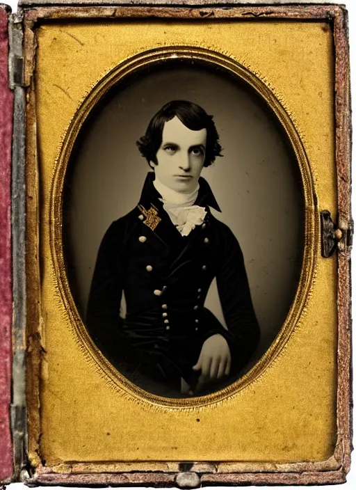 Prompt: Daguerreotype of Prince, classical portrait, 1849, direct gaze