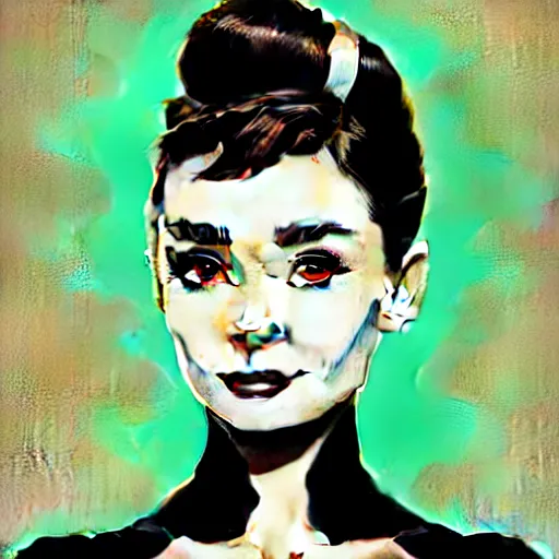 Image similar to in the style of joshua middleton, artgerm, beautiful audrey hepburn, bioshock, full body green dress, elegant pose, spooky, symmetrical face symmetrical eyes, three point lighting, detailed realistic eyes, insanely detailed and intricate elegant, underwater home