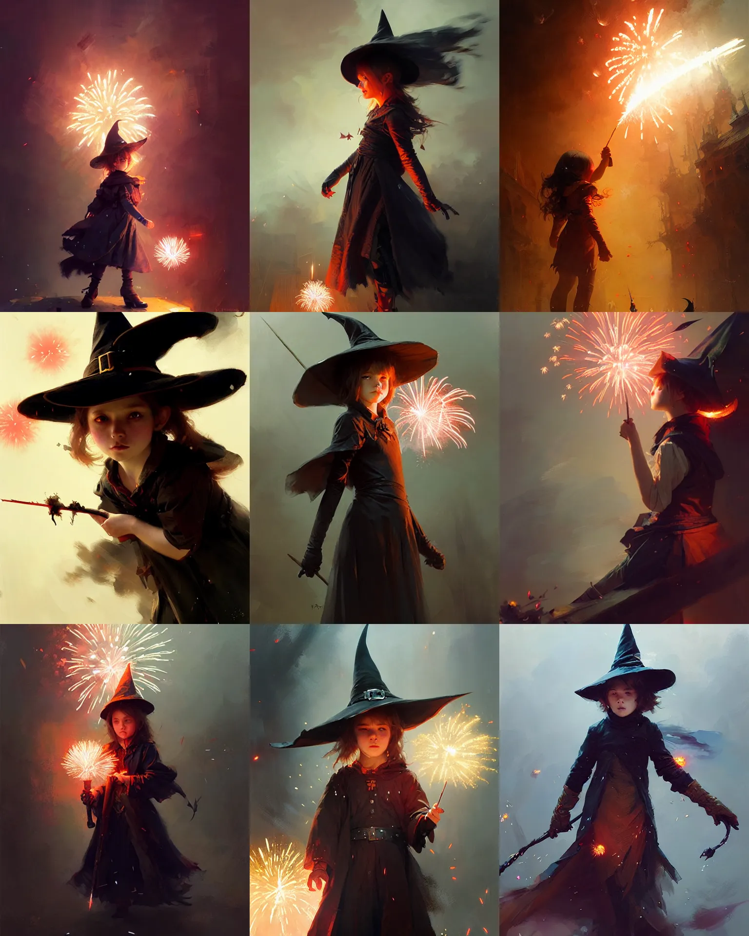 Prompt: cute young witch, fireworks, intricate, sharp focus, illustration, highly detailed, digital painting, concept art, matte, art by ruan jia and wlop and greg rutkowski, masterpiece