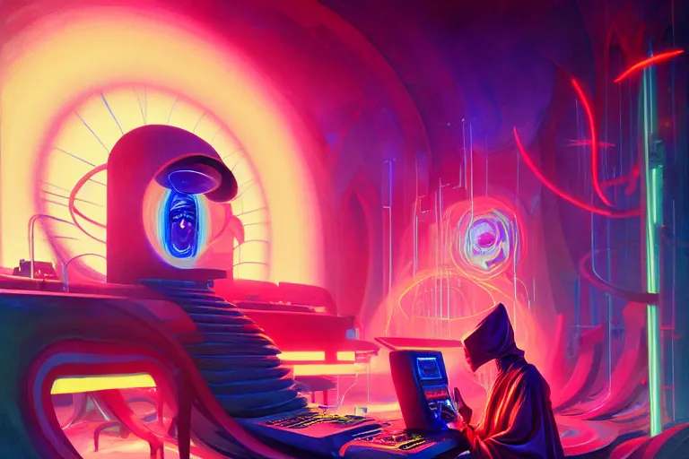 Image similar to a beautiful masterpiece painting of a technomancer wizard in robes with pointed hood breathing life into his synthesized AI djinn in his laboratory near a computer by Remedios Varo and Anato Finnstark and Greg Rutkowski, dayglo pink, dayglo blue, dazzle camouflage, 8k, trending on ArtStation