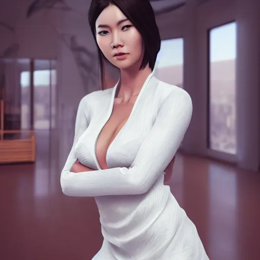 Image similar to muscular oiled woman wearing white ao dai, ultra realistic, concept art, intricate details, highly detailed, photorealistic, octane render, 8 k, unreal engine.