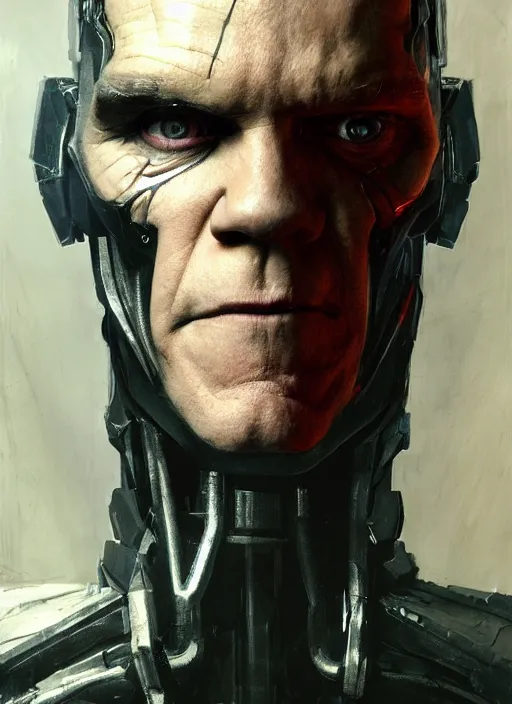 Image similar to malcolm mcdowell as victor stone, full body concept, cyborg, borg, strogg, face of a man, terminator, flesh, quake strogg, doom demon, wolfenstein, monstrous, powerful, symmetry, symmetrical, concept art by ruan jia and greg rutkowski