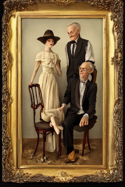 Image similar to a beautiful ultradetailed fine art old vintage couples portrait photo of two people sitting on a chair and standing, by tom bagshaw and zach sutton, couples portrait, vignette, 35mm lens, golden ratio composition, studio photography, very detailed, humanoids, artstation, 8k, highly coherent