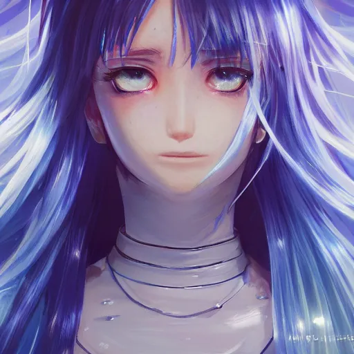 Image similar to profile shot of rimuru tempest, sky blue, straight hair, long bangs, amber eyes, wearing a black jacket with white stripes, high collar, highly detailed, unreal engine 5, digital painting, cinematic, wlop | artgerm, pixiv, yoshitaka amano, greg rutkowski, ilya kuvshinov, andy warhol