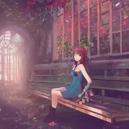 Prompt: advanced digital art. A beautiful girl is sitting on a bench reading in an abandoned train station overgrown with vines and flowers. Digital Anime painting. Sakimichan, WLOP, RossDraws, pixivs, Makoto Shinkai. —H 2160