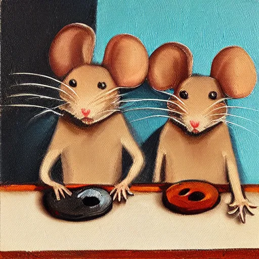 Prompt: Three mice at a pub quiz, oil painting