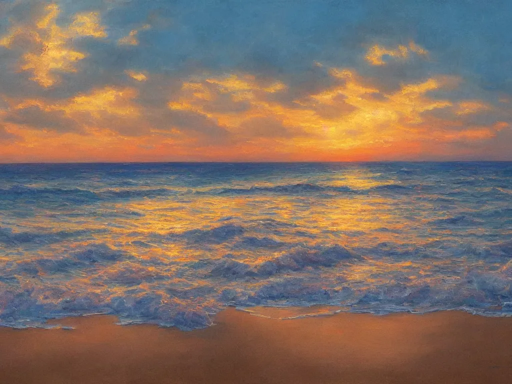 Image similar to a beautiful masterpiece painting of a coastal beach seascape in summer at sunset by juan gimenez, award winning, trending on artstation,