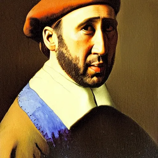 Image similar to Painting of Nicolas Cage as a dutch farmer, painted by Vermeer.