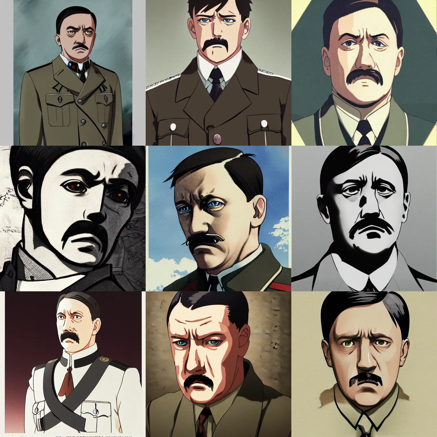 Prompt: a film still portrait of hitler, finely detailed features, perfect art, anime key visual, trending on pixiv fanbox, painted by madhouse, studio ghibli, kyoto animation, mappa