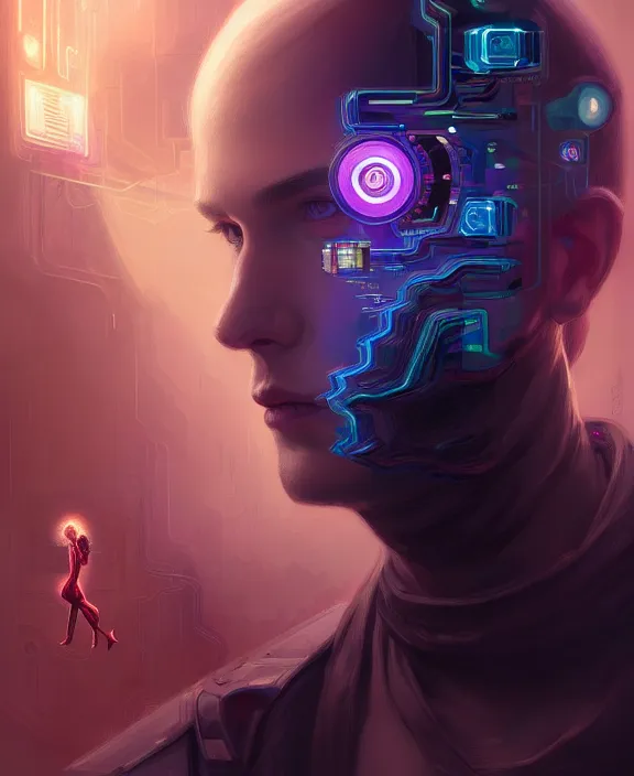 Image similar to a whirlwind inside the metaverse, guy, male, man, hologram, half body, neurochip, android, cyborg, cyberpunk face, by loish, d & d, fantasy, intricate, elegant, highly detailed, colorful, digital painting, artstation, concept art, art by artgerm and greg rutkowski and alphonse mucha