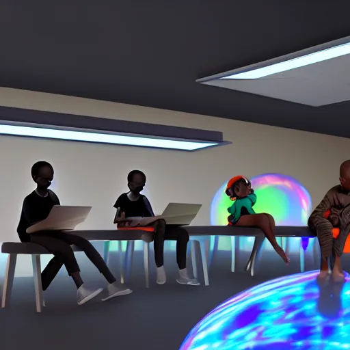 Prompt: black boys and black girls watching a hologram and glowing orbs in a futuristic classroom by justin bua, digital illustration, Trending on artstation. 8k