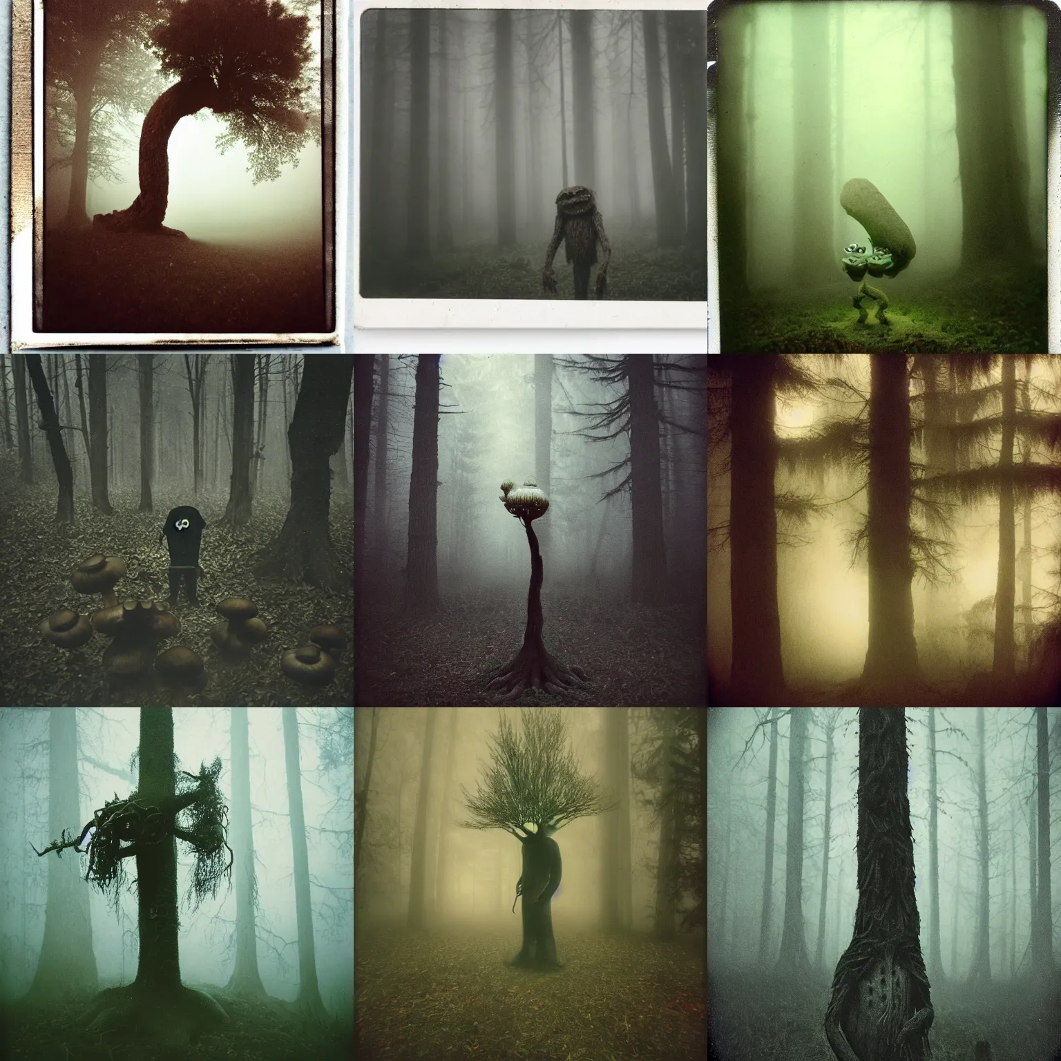 Prompt: anthropomorphic tree creature eating mushrooms, cryptid, dark fantasy horror, ominous, disturbing, nightmarish, foggy, eerie mist, low quality instant camera photo, by trevor henderson