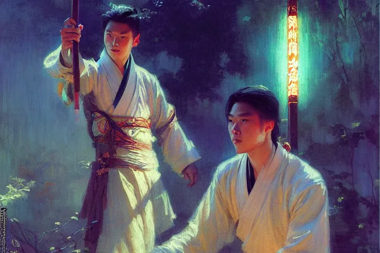 Image similar to wuxia, summer, attractive male, neon light, painting by gaston bussiere, craig mullins, j. c. leyendecker