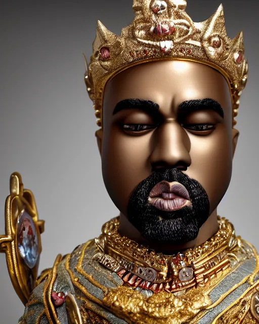 Image similar to highly detailed closeup, face profile portrait of a tin toy kanye west as a fairytale king wearing a crown and sitting on a throne, robes, depth of field, nicoletta ceccoli, mark ryden, lostfish, max fleischer, breathtaking, detailed and intricate environment, 8 k resolution, hyperrealistic, octane render