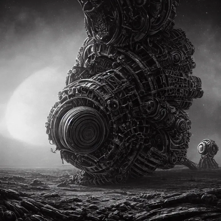 Prompt: portrait of ribbed abandoned biomechanical crashed spaceship on exoplanet in a desolate empty wasteland, creepy, nightmare, dream-like heavy atmosphere, surreal abandoned buildings, baroque painting, beautiful detailed intricate insanely detailed octane render trending on Artstation, 8K artistic photography, photorealistic, chiaroscuro, cinematic volumetric light, Raphael, Caravaggio, Beksinski, Giger