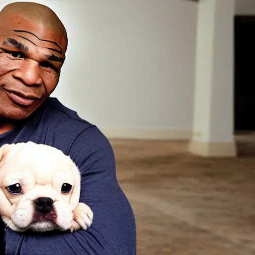 Image similar to 15mm wide shot of mike tyson holding a puppy