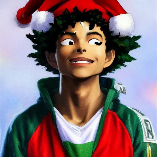 Image similar to an oil painting of a izuku midoriya wearing a hip - hop rap christmas hat drawn by frank frazetta, hd, hdr, ue 5, ue 6, unreal engine 5, 3 d, cinematic 4 k wallpaper, 8 k, ultra detailed, high resolution, artstation, award - winning pencil drawing