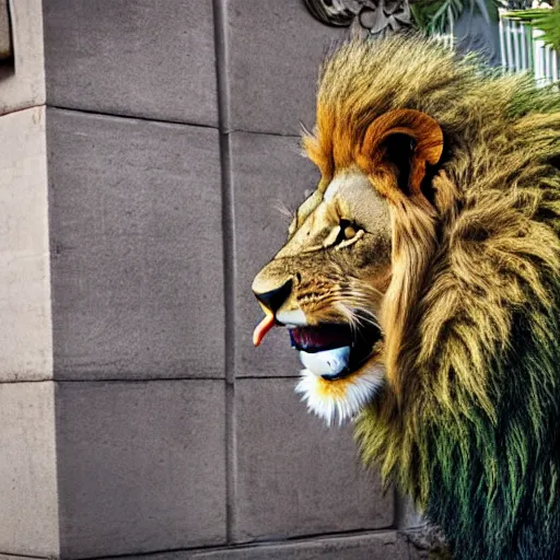 Image similar to a very detailed photo of a lion ( smoking a cigar ) outside the mansion by the pool