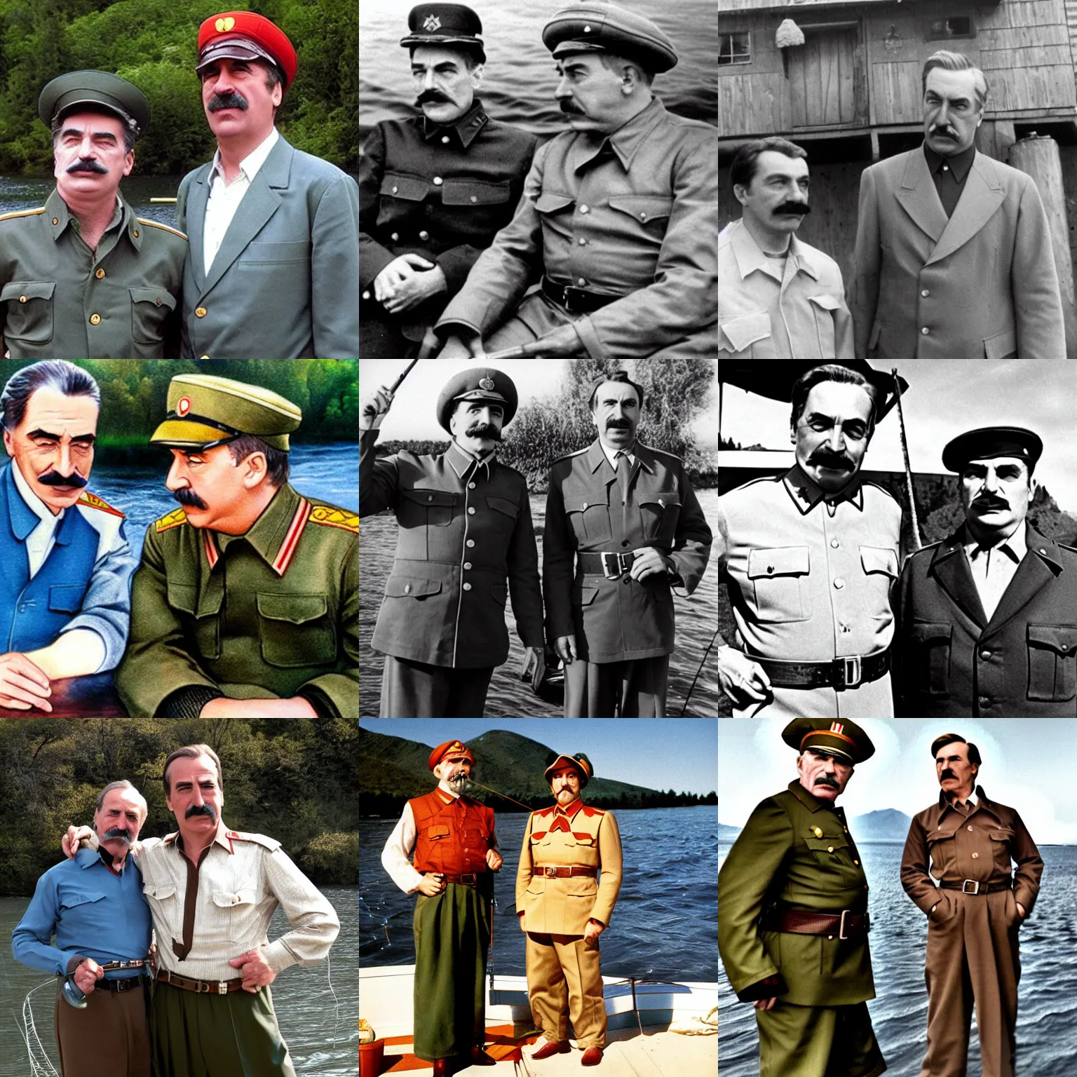 Prompt: Joseph Stalin and Saul Goodman on a fishing trip
