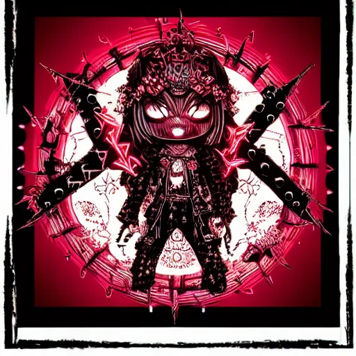 Image similar to spiked korean bloodmoon sigil stars draincore, gothic demon hellfire hexed witchcore aesthetic, dark vhs gothic hearts, neon glyphs spiked with red maroon glitter breakcore art by guro manga artist Shintaro Kago | baroque bedazzled gothic royalty frames surrounding a pixelsort emo demonic horrorcore japanese yokai doll, low quality sharpened graphics, remastered chromatic aberration