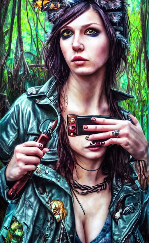 Prompt: cute punk rock girl making selfie in jungles, mad max jacket, renaissance, cables on her body, hyper realistic style, oil painting, highly detailed, fantasy by Olga Fedorova