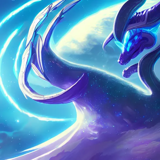 Image similar to Aurelion Sol from League of Legends looking down at Earth from space, riot games art, digital art, trending on artstation, highly detailed