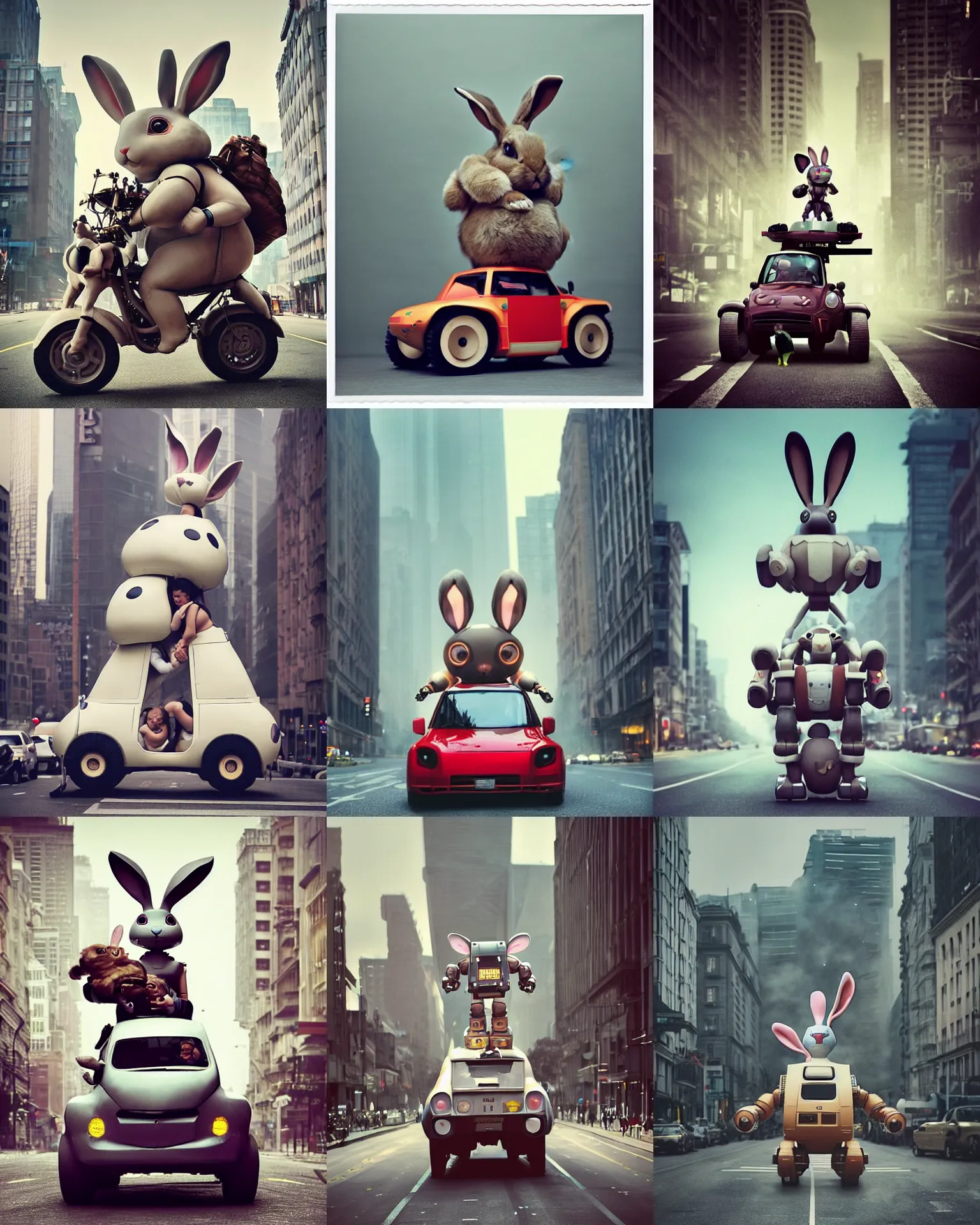 Prompt: epic pose!!! giant oversized battle rabbit robot chubby mech baby sport car double decker with giant oversized ears and rabbit babies ,in busy city , full body , Cinematic focus, Polaroid photo, vintage , neutral dull colors, soft lights, foggy mist , by oleg oprisco , by national archives, by discovery channel, by victor enrich , by gregory crewdson