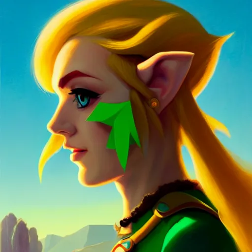 Image similar to portrait of a female Link from legend of Zelda, face, asymmetrical, profile picture, Organic Painting, sunny day, Matte Painting, bold shapes, hard edges, street art, trending on artstation, by Lois van Baarle and Gil Elvgren and Sachin Teng