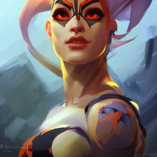 Image similar to greg manchess portrait painting of a female kratos as overwatch character, medium shot, asymmetrical, profile picture, organic painting, sunny day, matte painting, bold shapes, hard edges, street art, trending on artstation, by huang guangjian and gil elvgren and sachin teng