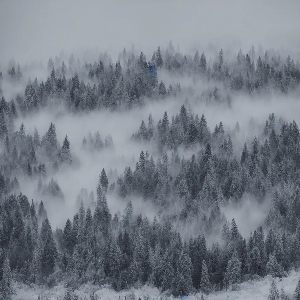 Prompt: monochrome and eerie photograph of misty forests and snow topped mountains