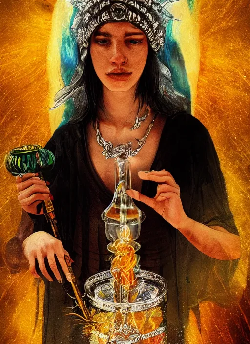 Prompt: portrait of a beautiful high priestess, smoking weed from a glass bong. 420 blaze it, greek mythology, high face detail, digital art, trending on artstation, dramatic lighting.