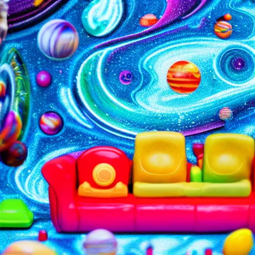 Prompt: fisher price couch, perfect focus, psychedelic trippy couch in space, planets, milky way, sofa scene from tv show hyper detailed 5 5 mm 8 5 mm, toy photography, made out of plastic