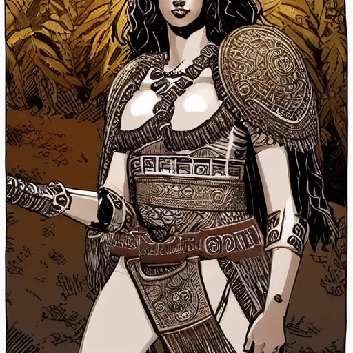 Image similar to greek amazon warrior, a tall beautiful woman with brown skin and long curly dark hair, dressed in hellenistic body armour, intricate, elegant, highly detailed, smooth, sharp focus, detailed face, high contrast, graphic novel, art by laurie greasley,