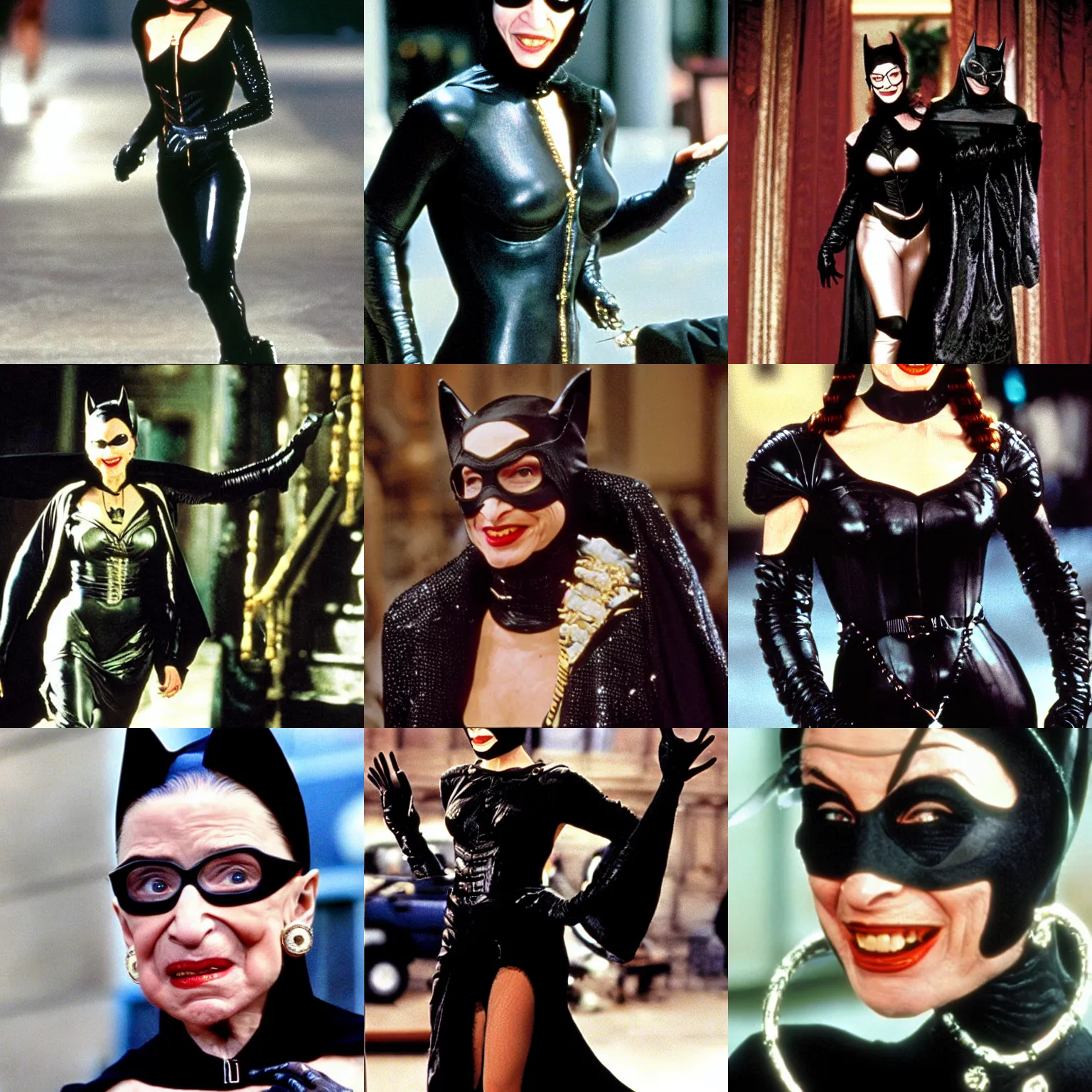 Prompt: ruth bader ginsburg dressed as catwoman from batman returns 1 9 9 7, movie still.