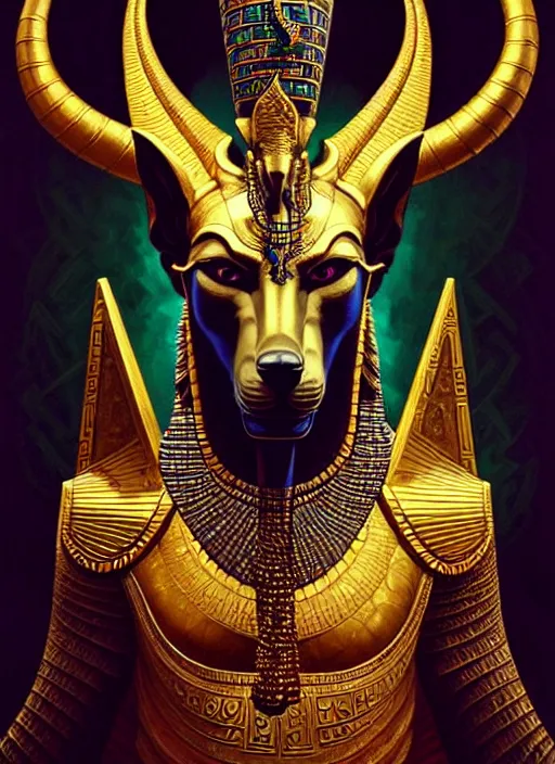 Prompt: angry god anubis, snarling jackal with egyptian pharaoh headdress and nemes, ornate art nouveau detail, black and gold palette, fantasy, intricate, elegant, highly detailed, colorful, dark colors, dramatic shadow, digital painting, artstation, concept art, art by artgerm and greg rutkowski and ruan jia,