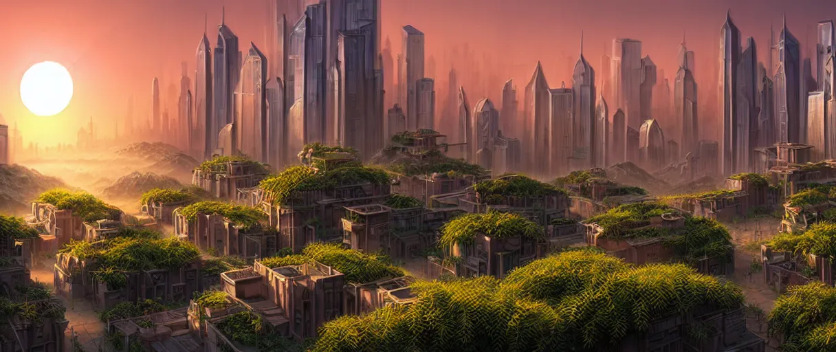 Image similar to matte painting solarpunk cityscape plants highly detailed sunrise